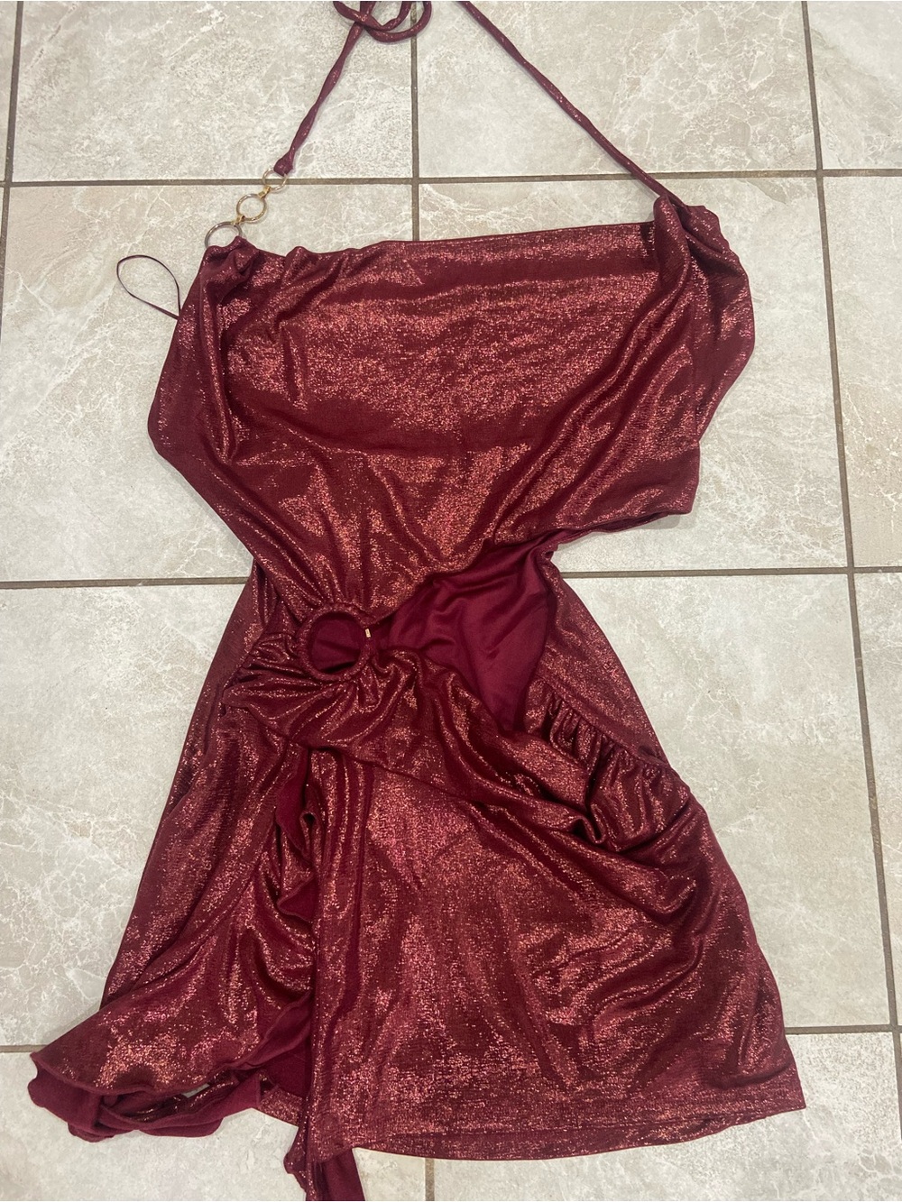 Windsor Metallic Burgundy Halter Cutout Mini Dress
